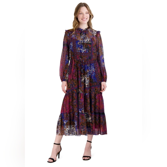 NWT - Julia Jordan Ruffle Drawstring Waist  Black Floral Chiffon Midi Dress- 16 - Picture 1 of 14